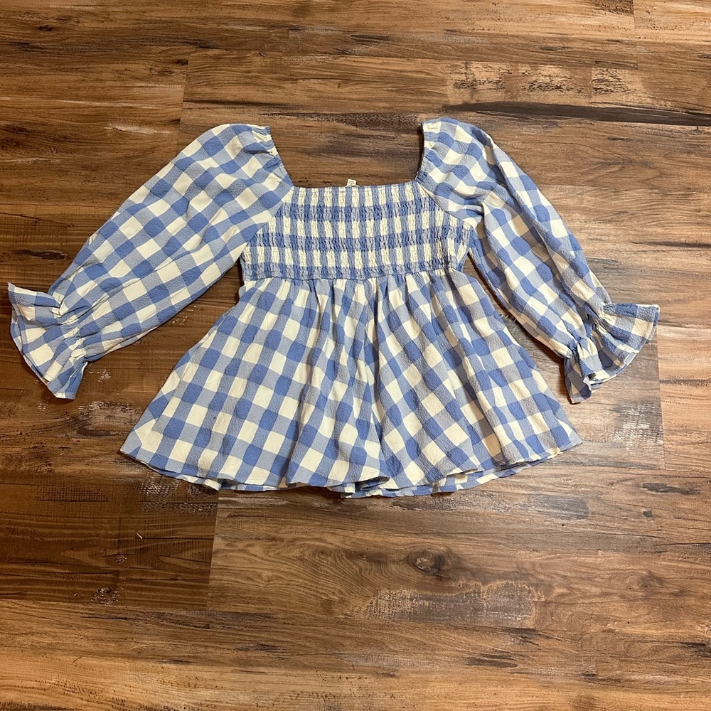 Entro Blue and White Gingham Square Neck Peplum Top - Picture 3 of 9